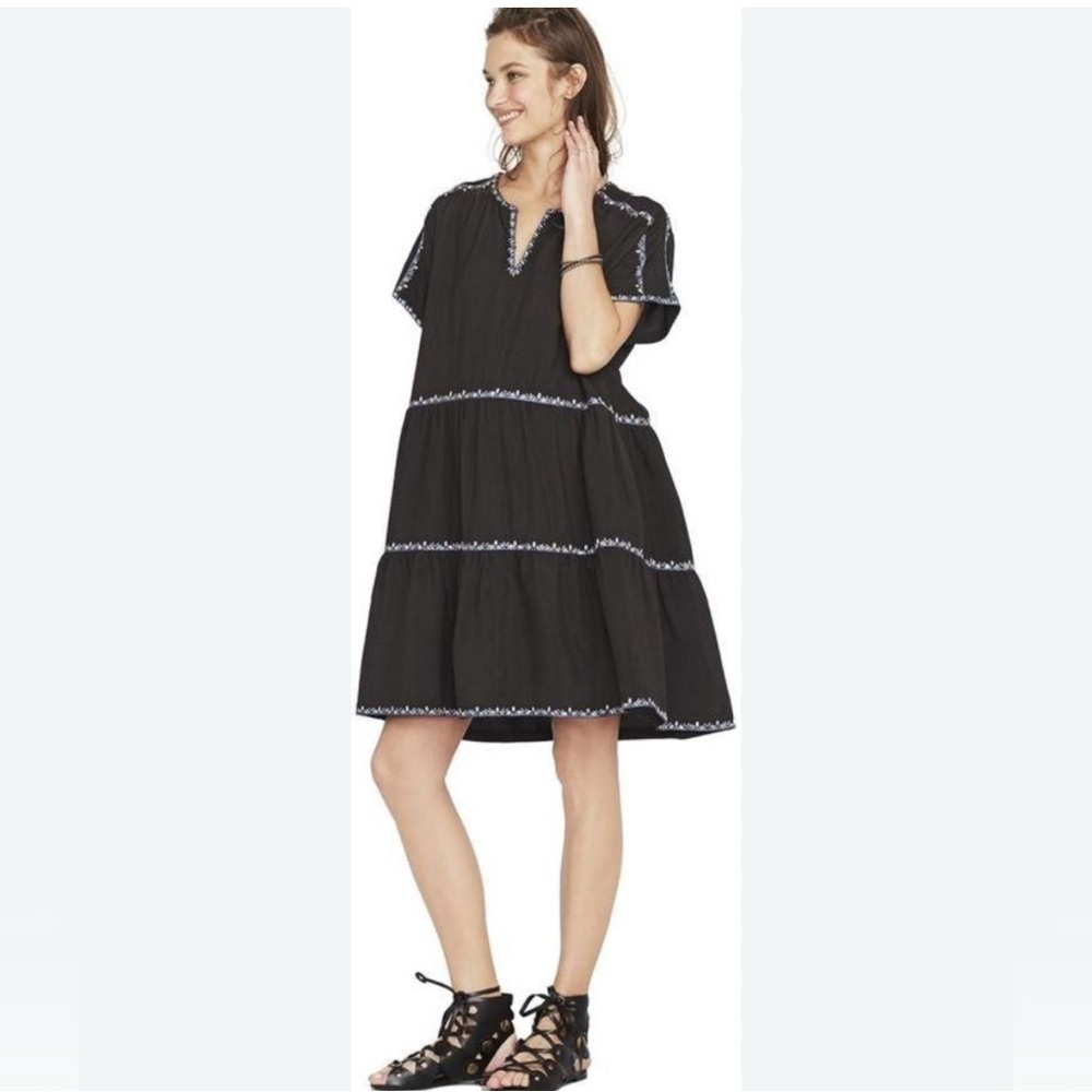 Hatch Black Embroidered Maternity Tiered Short Sleeve Dress